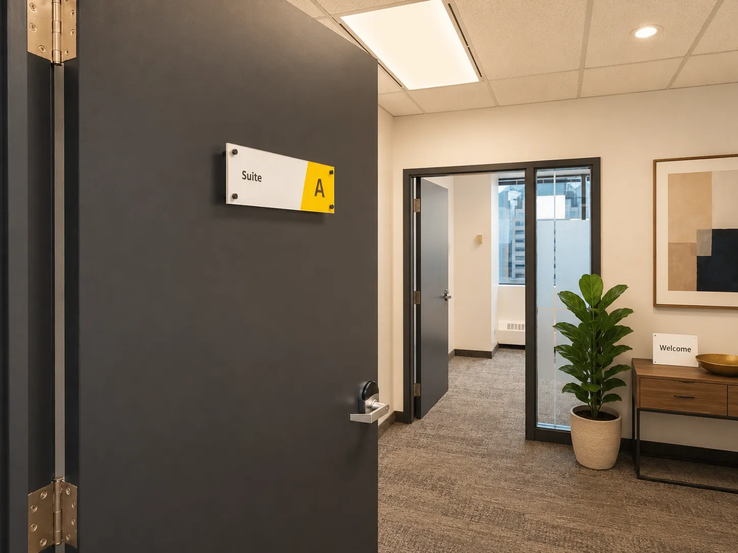 Private suite interior with desk and signage