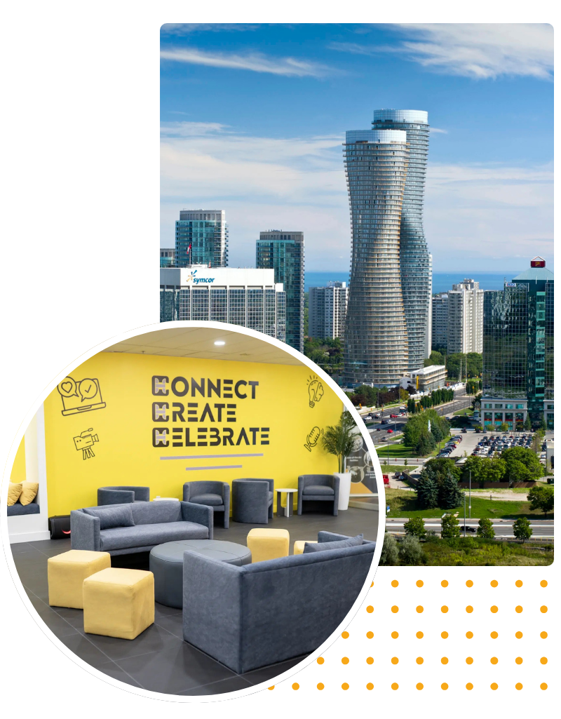 Comfortable lounge area with bright yellow walls and grey furniture.